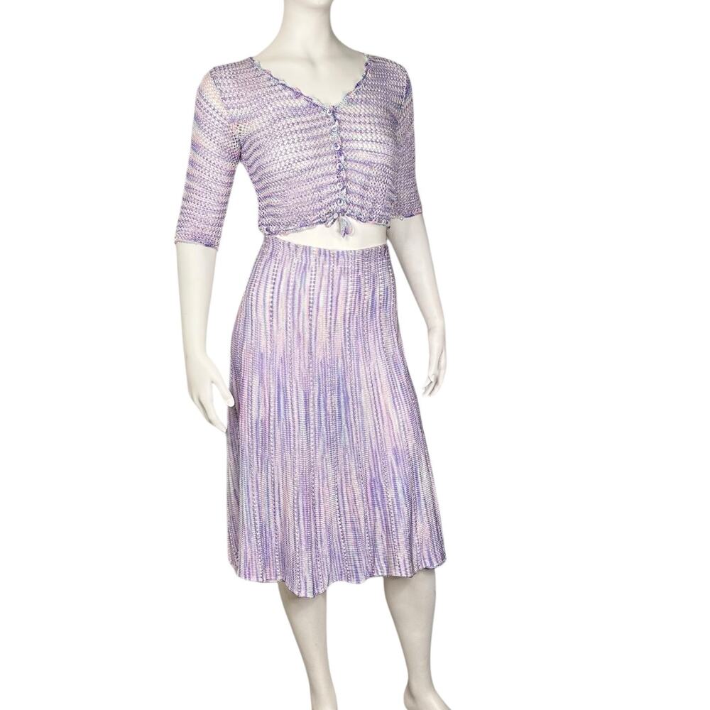 Pastel Crochet Two Piece Midi Skirt Set Y2K Lavender Handmade Matching Knitwear
